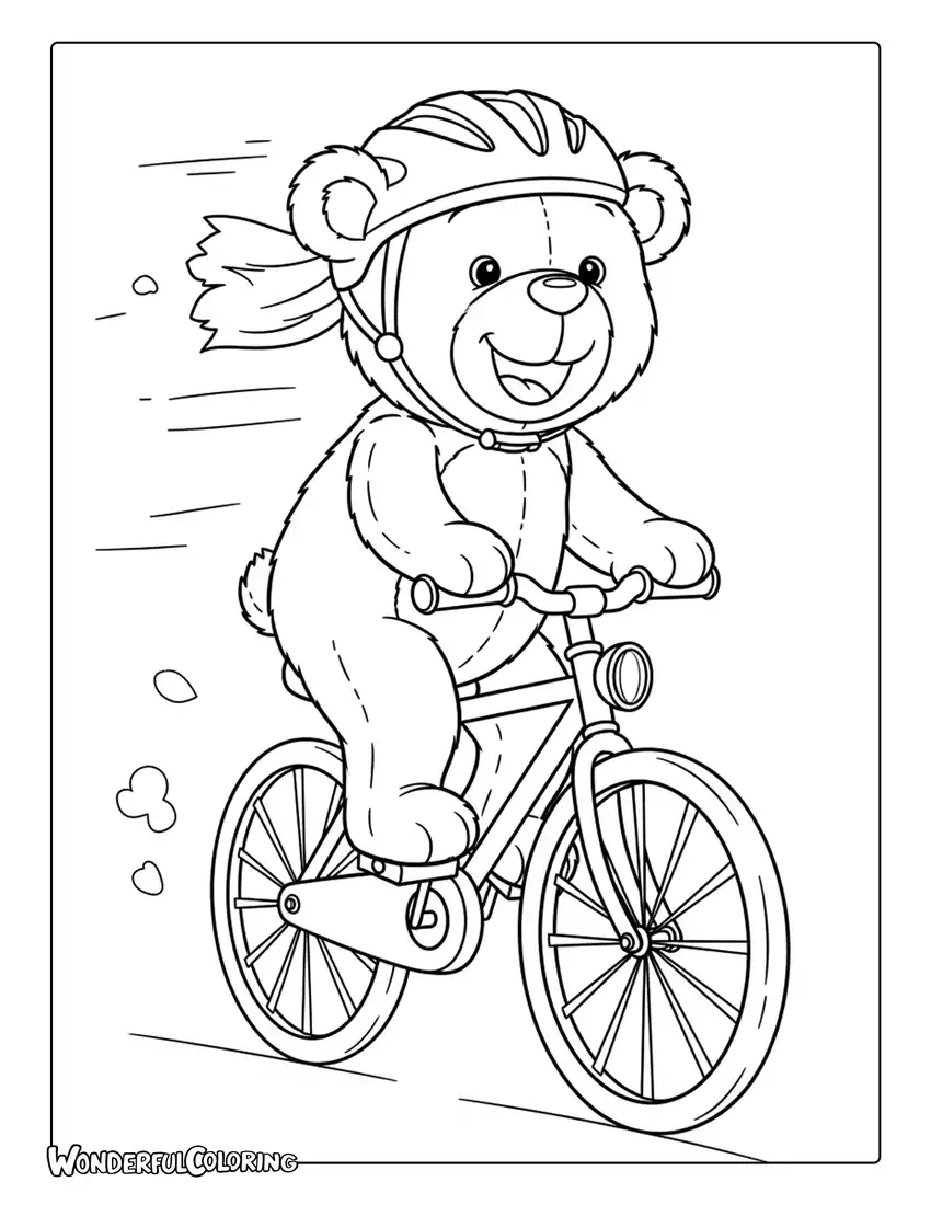 Teddy bear riding bicycle fun coloring page