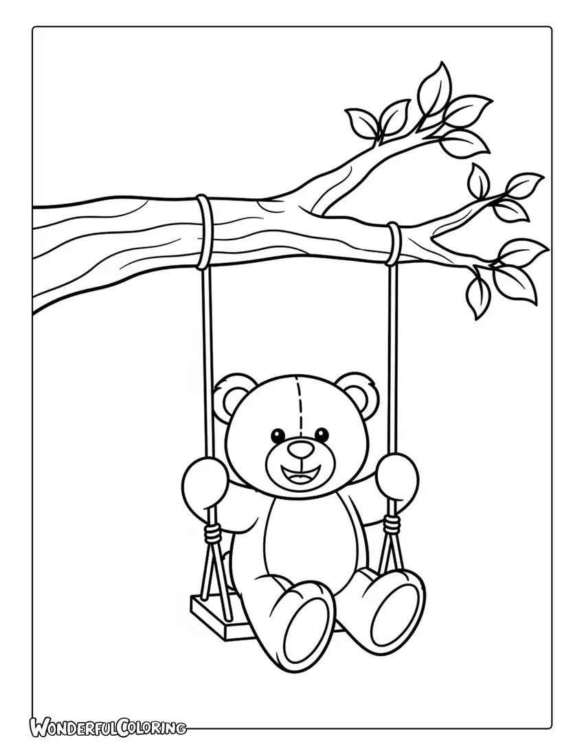 Teddy bear on swing hanging from tree coloring page