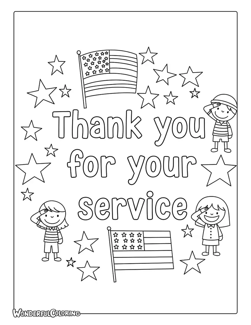 Thank You for Your Service Patriotic Doodle Coloring Page