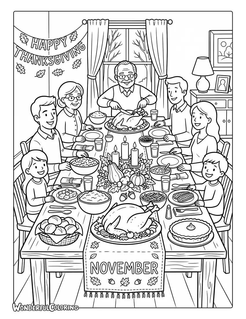 November Thanksgiving coloring page featuring festive dinner table, seasonal dishes, glowing candles, and autumn centerpiece
