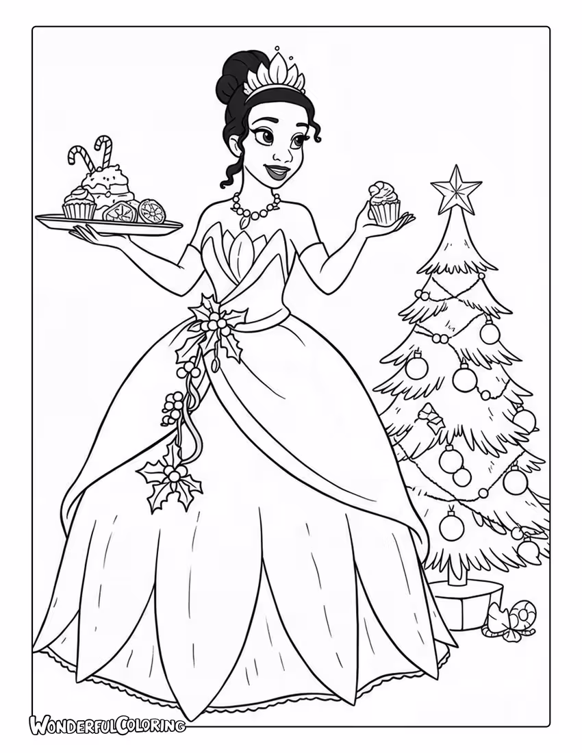 Tiana Christmas Treats Coloring Page