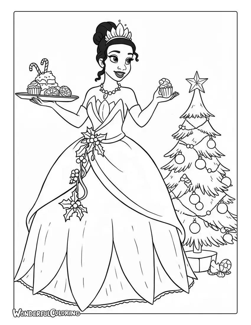 Tiana Christmas Treats Coloring Page