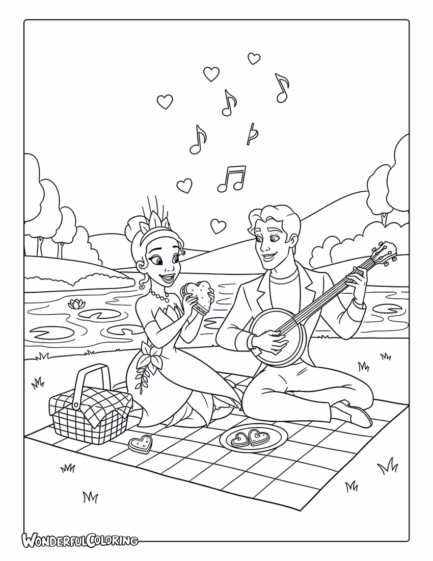 Tiana and Prince Naveen Valentine picnic by the river coloring page