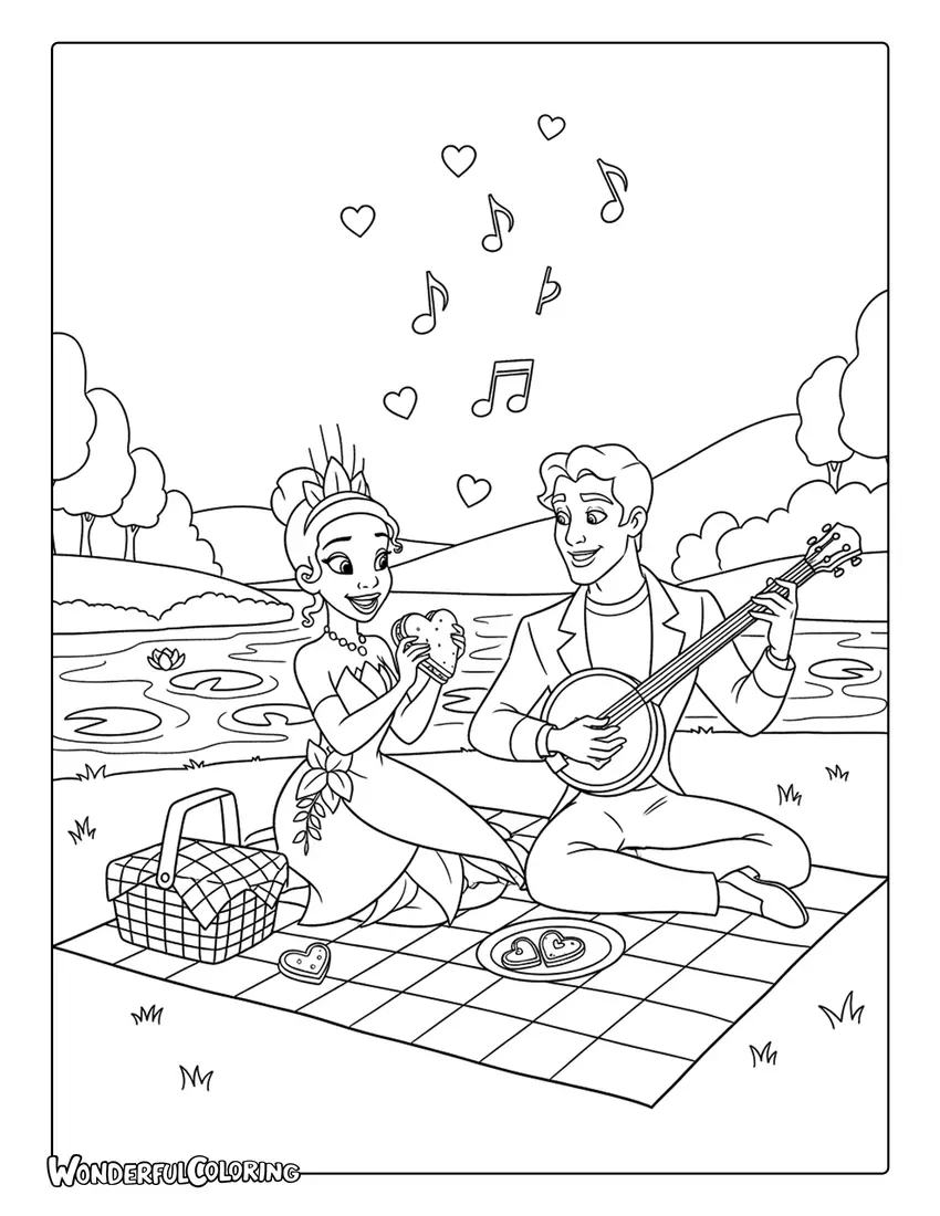 Tiana and Prince Naveen Valentine picnic by the river coloring page