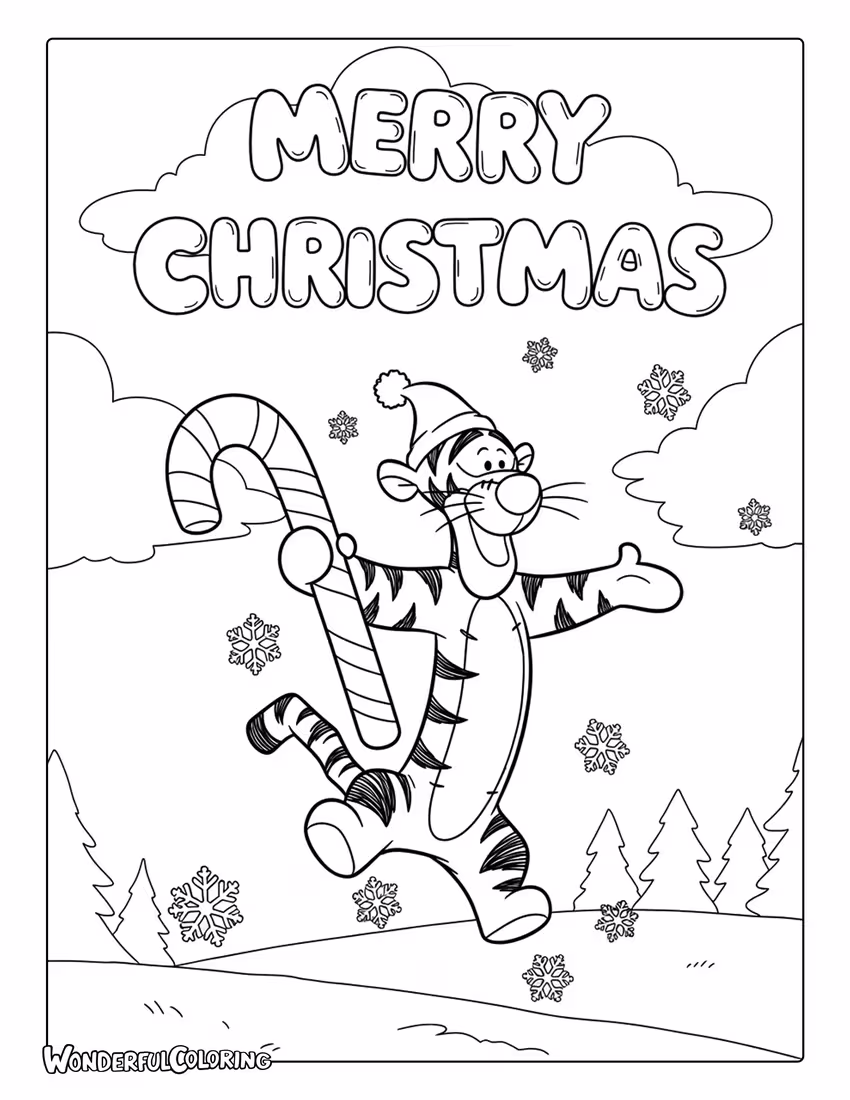 Tigger bouncing with candy cane Merry Christmas coloring page