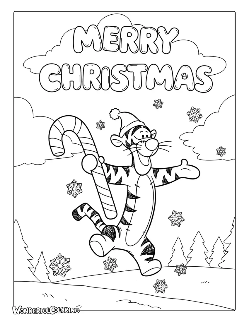 Tigger bouncing with candy cane Merry Christmas coloring page
