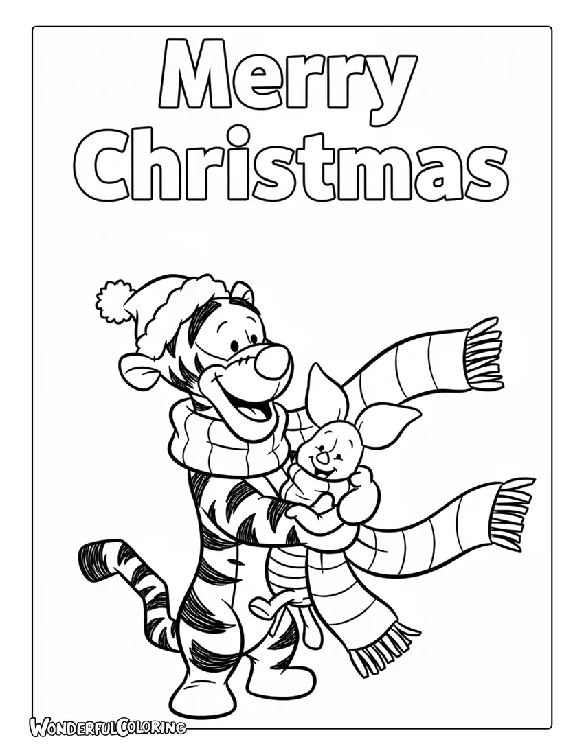 Tigger wrapping Piglet in scarf Merry Christmas coloring page
