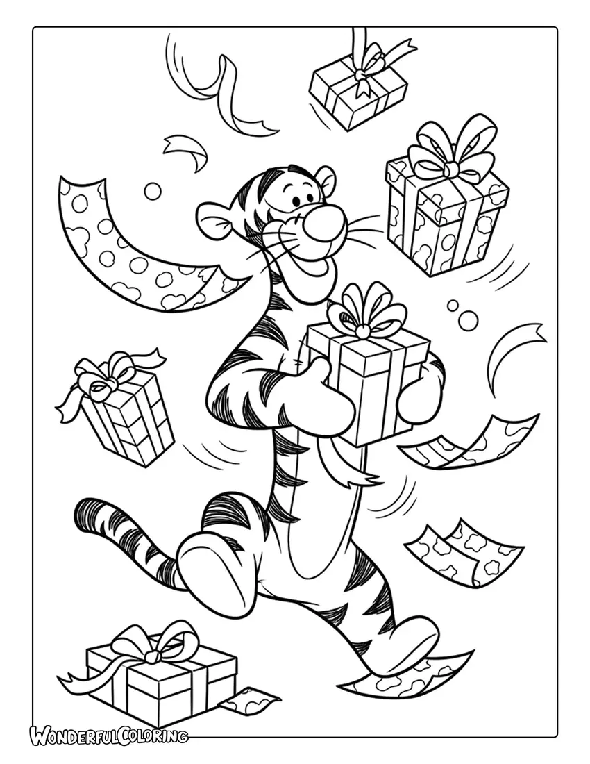 Tigger wrapping Christmas presents coloring page
