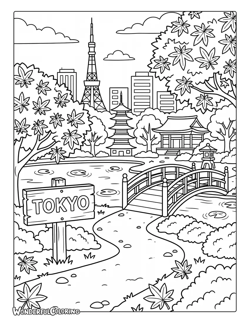 Tokyo autumn coloring page with maple leaves, traditional bridge, temple, and city skyline