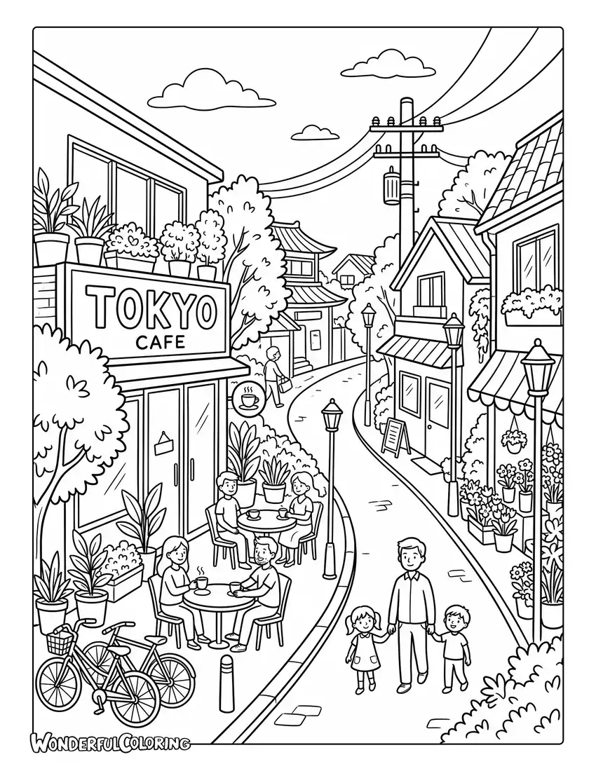 Tokyo cozy neighborhood coloring page with cafes, bicycles, plants, street lamps, and Tokyo sign