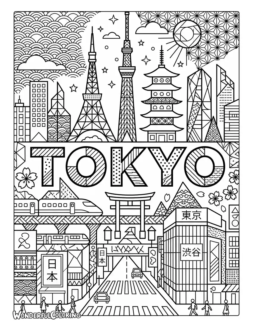 Tokyo geometric coloring page with abstract shapes, neon elements, Japanese patterns, and city architecture