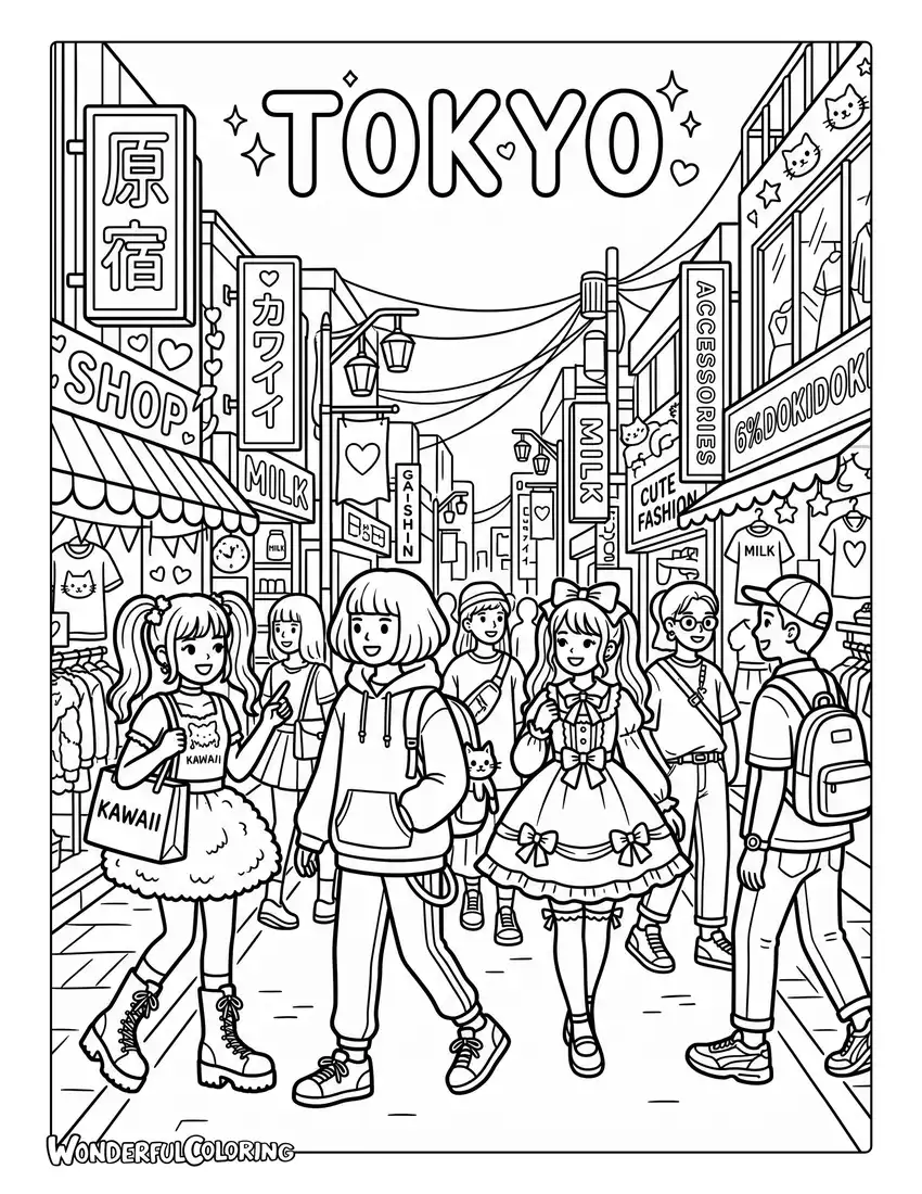Tokyo Harajuku coloring page with fashion, colorful outfits, trendy shops, and pedestrians