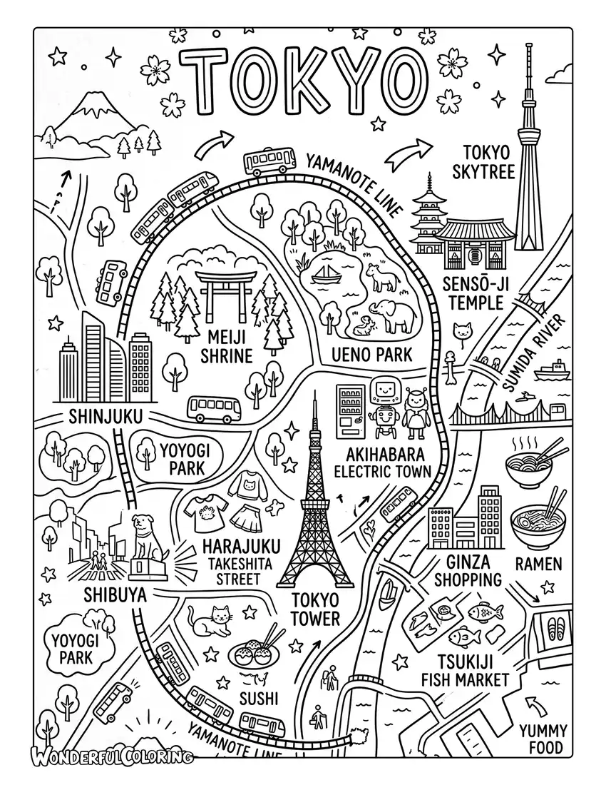Tokyo travel map coloring page with Tokyo Tower, Skytree, temples, trains, parks, and neighborhoods