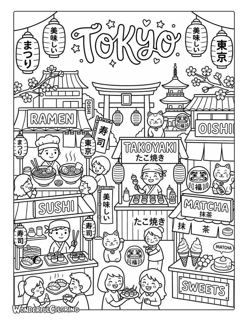 Tokyo Japanese food coloring page with sushi, ramen, takoyaki, and matcha desserts