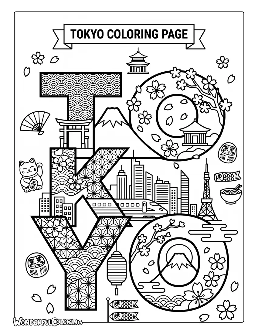 Tokyo Japanese typography coloring page with cherry blossoms, Mount Fuji, torii gates, and Japanese patterns