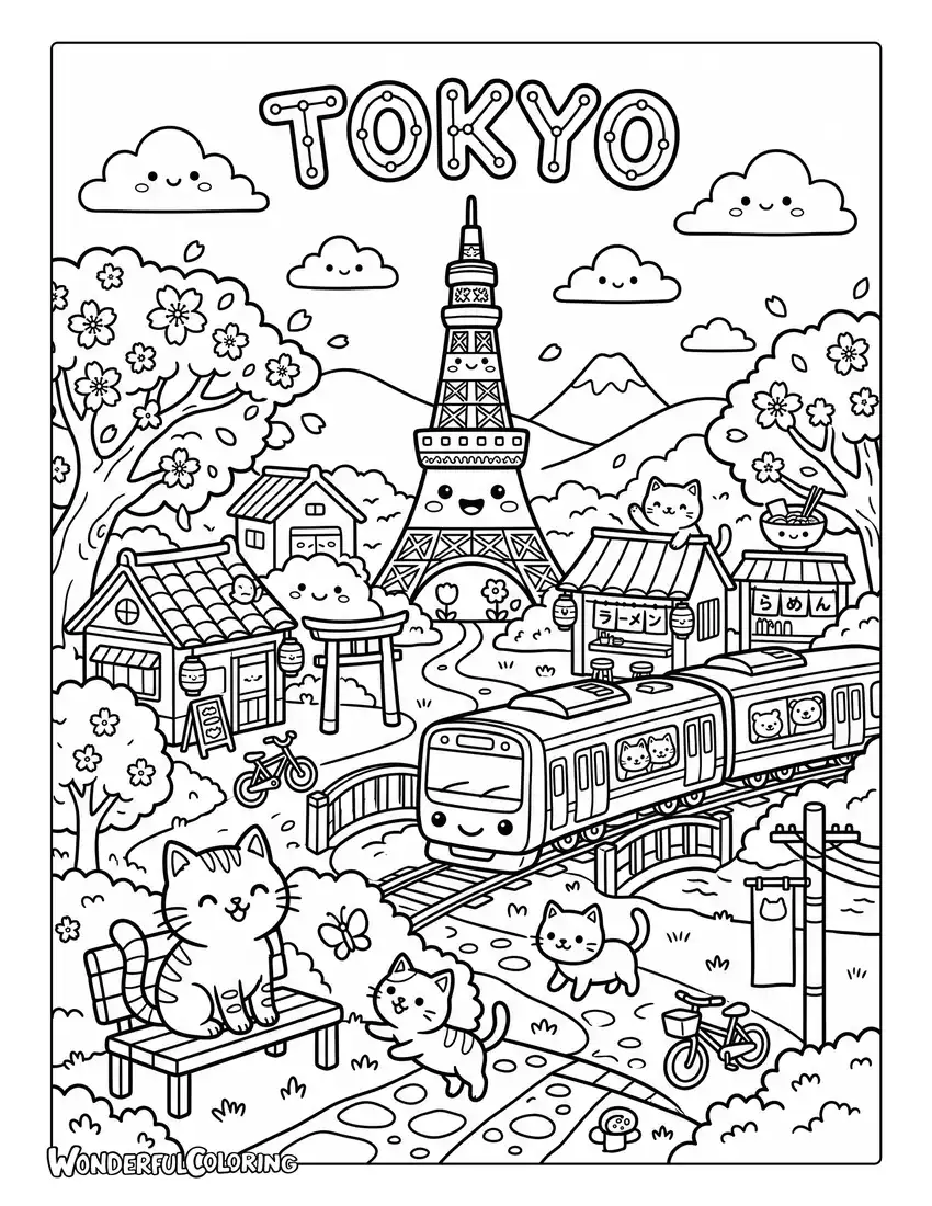 Tokyo kawaii coloring page with cute Tokyo Tower, trains, cats, cherry blossoms, and Japanese houses