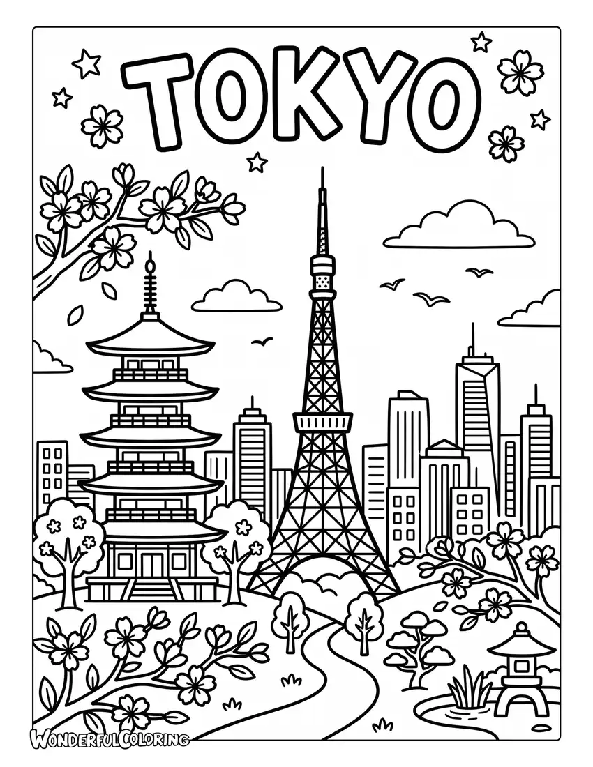 Tokyo landmarks coloring page with Tokyo Tower, pagoda, cherry blossoms, and city buildings