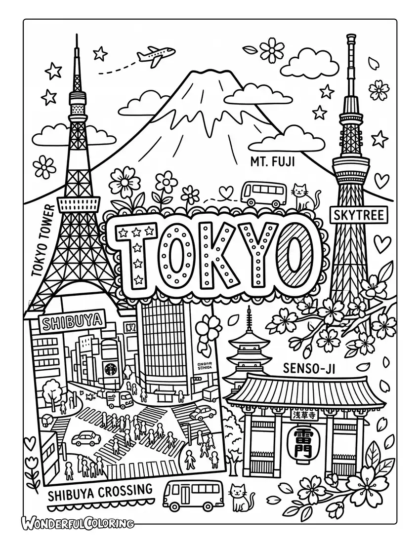 Tokyo landmarks collage coloring page with Tokyo Tower, Skytree, Shibuya Crossing, temple, and Mount Fuji