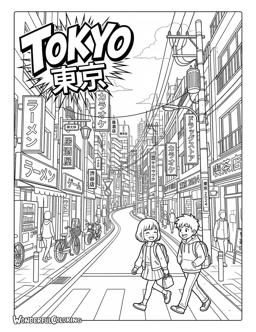 Tokyo manga coloring page with city street, characters, buildings, signs, and Tokyo logo