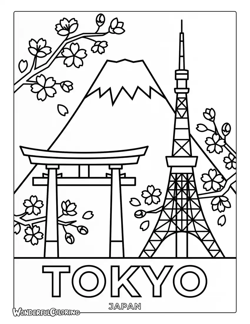 Tokyo minimalist coloring page with Tokyo Tower, Mount Fuji, torii gate, and cherry blossoms