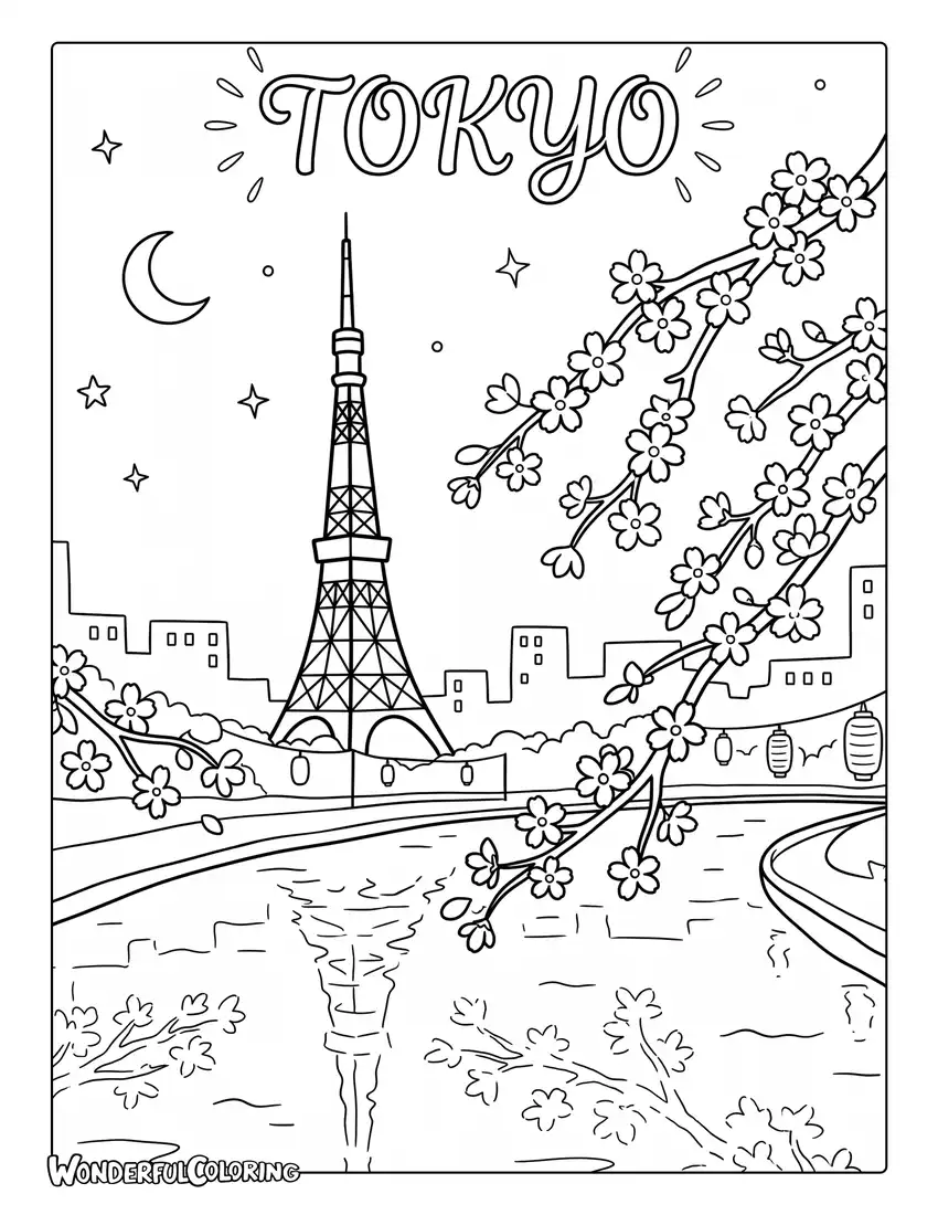 Tokyo night sakura coloring page with cherry blossoms, Tokyo Tower, water reflections, and glowing lights