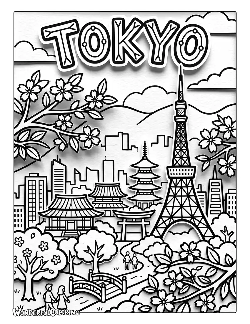 Tokyo paper cut art coloring page with Tokyo Tower, temples, cherry blossoms, and city buildings