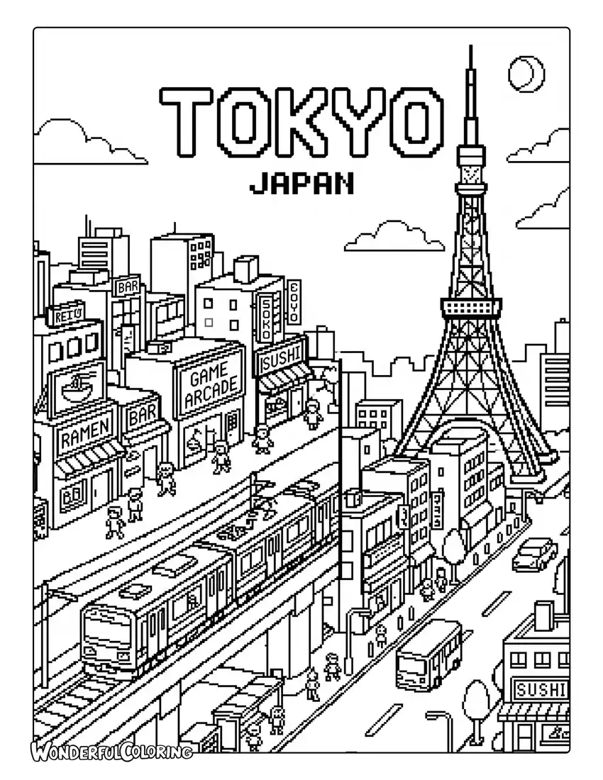 Tokyo pixel art coloring page with Tokyo Tower, neon streets, trains, and buildings
