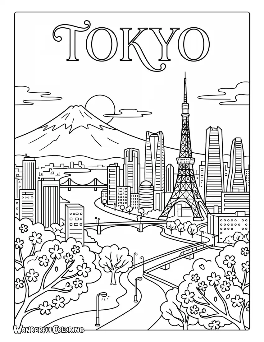 Tokyo skyline coloring page with Tokyo Tower, skyscrapers, Mount Fuji, and cherry blossoms