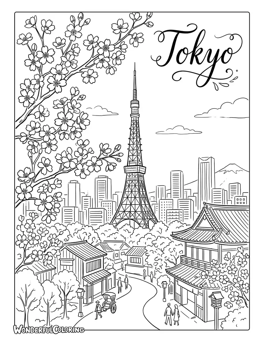 Tokyo Tower watercolor coloring page with cherry blossoms, traditional rooftops, and city scenery