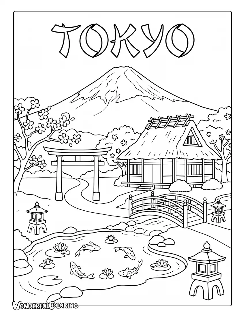 Tokyo traditional Japanese coloring page with torii gate, cherry blossoms, koi pond, and Mount Fuji