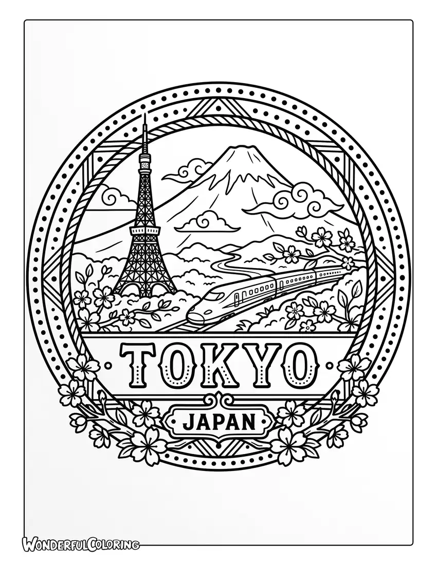 Tokyo travel badge coloring page with Tokyo Tower, Mount Fuji, cherry blossoms, and train