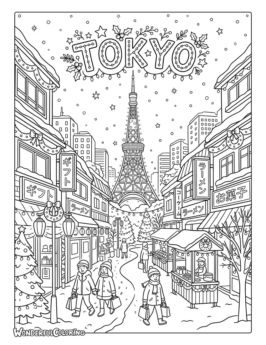 Tokyo winter coloring page with snow, Tokyo Tower, Christmas decorations, and city lights