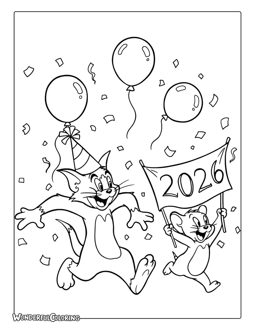 2026 Coloring Page of Tom and Jerry Celebration Chase