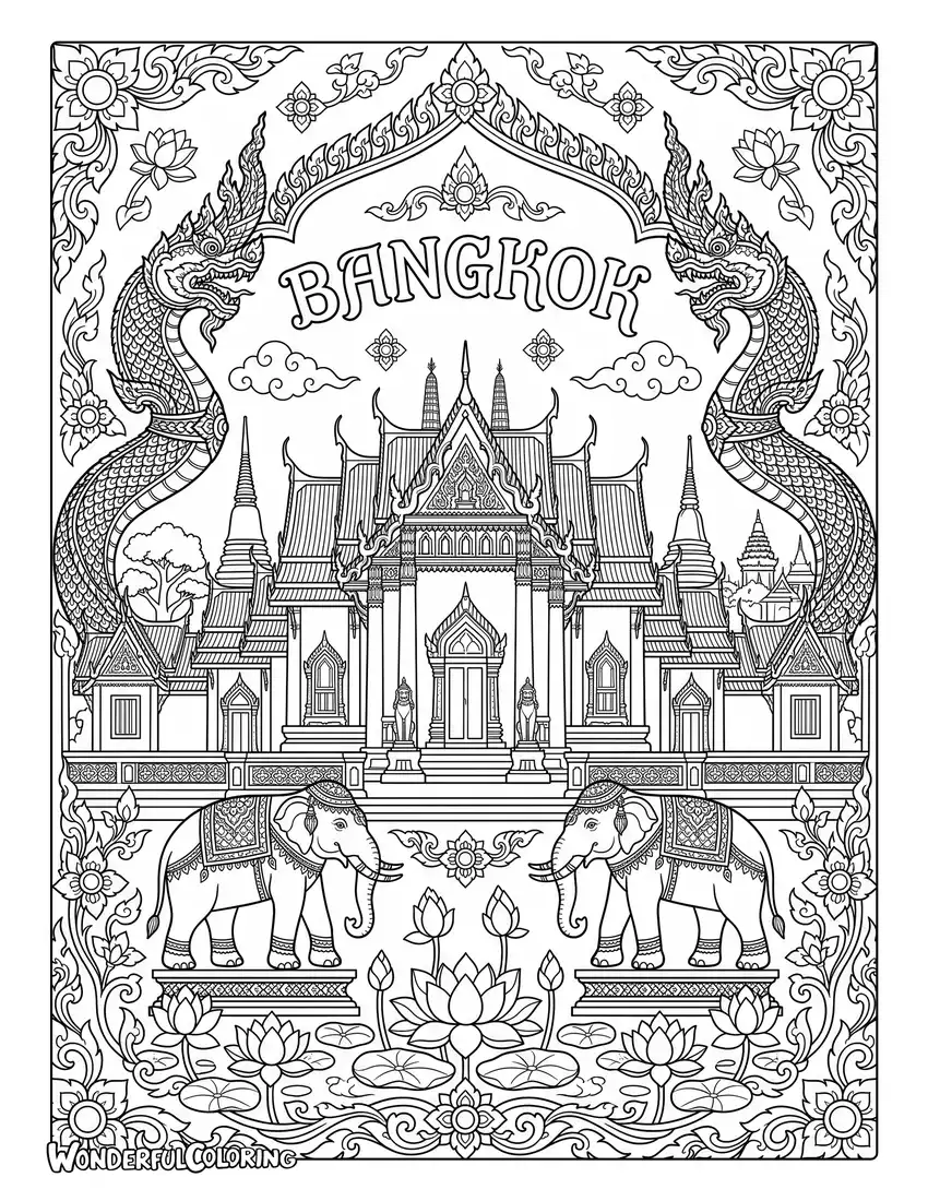 Traditional Thai art coloring page featuring an ornate temple, lotus blossoms, Naga serpents, elephants, and decorative patterns