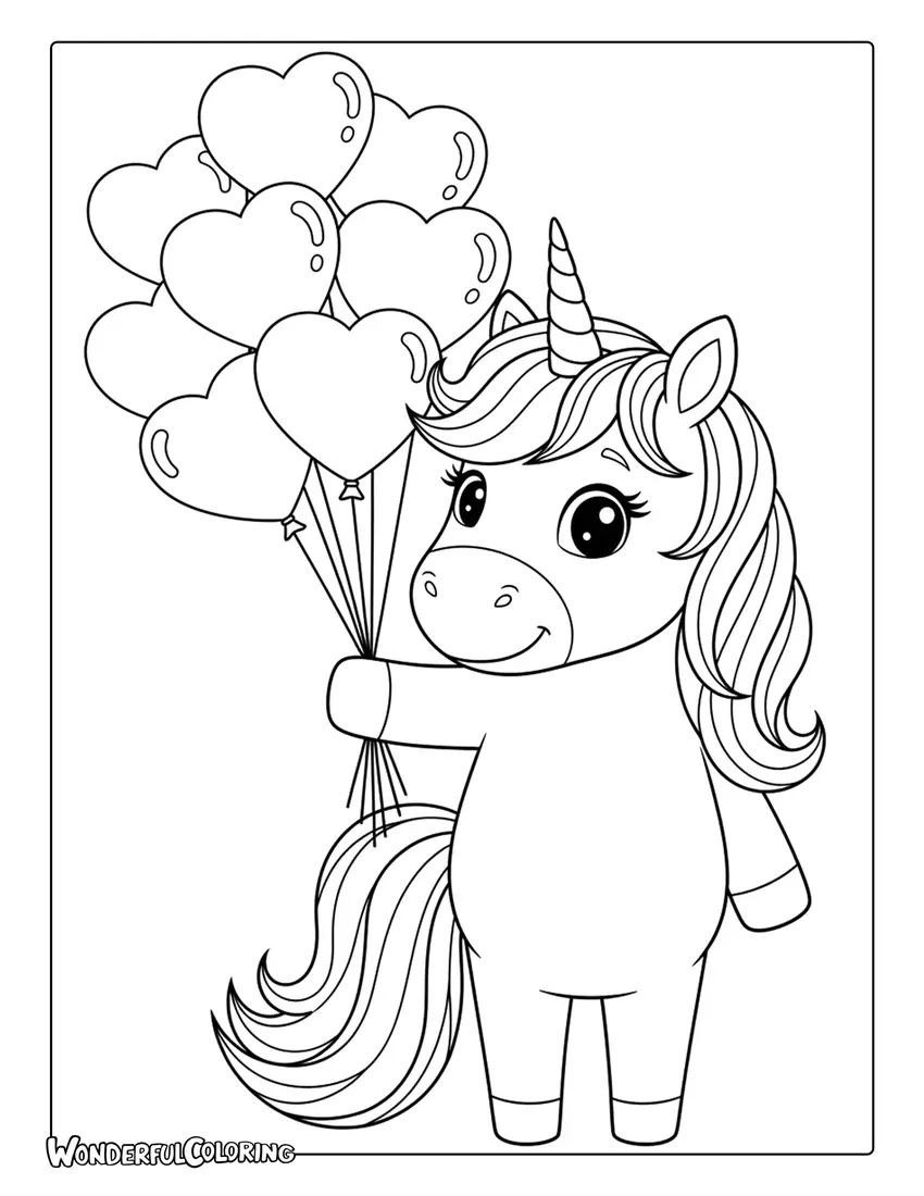 Magical unicorn holding heart-shaped balloons, dreamy Valentine illustration coloring page