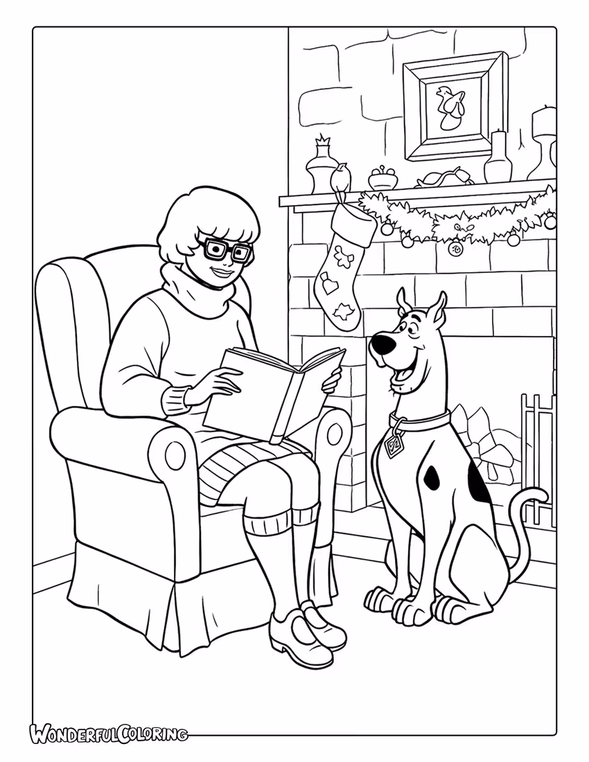Scooby Doo Christmas coloring sheet of Velma reading a story