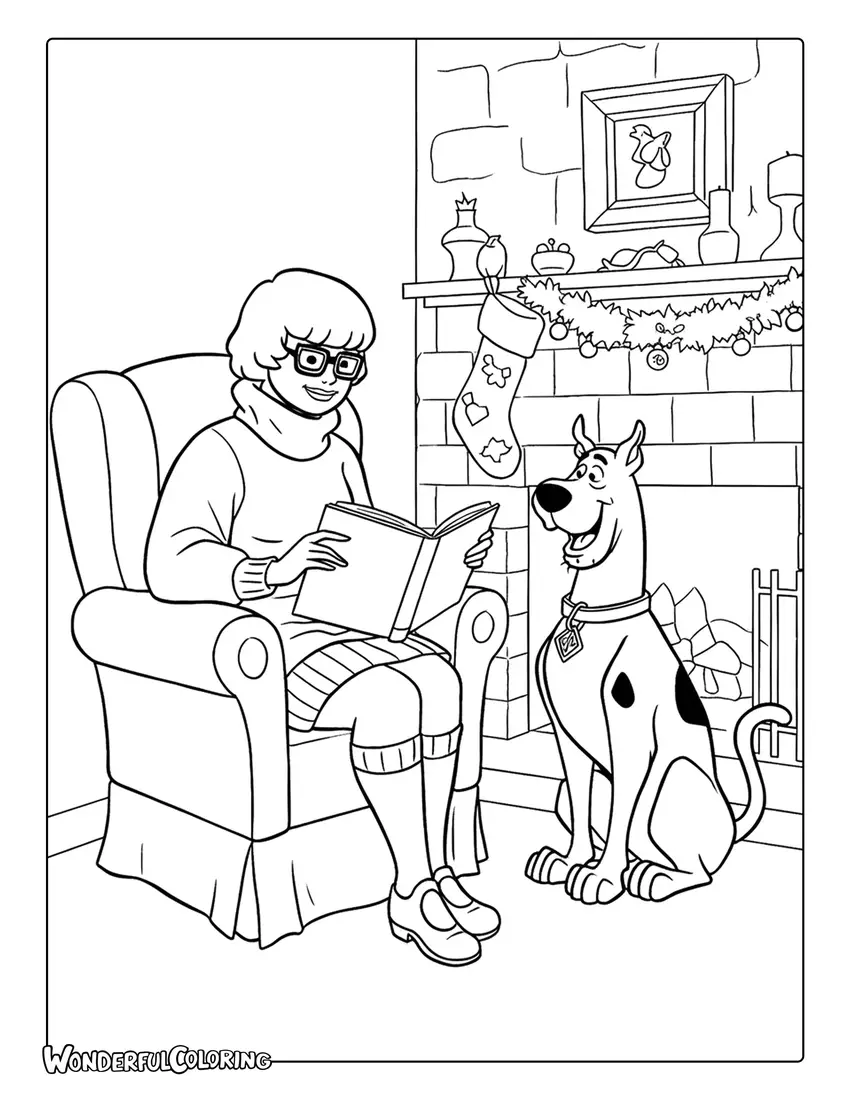 Scooby Doo Christmas coloring sheet of Velma reading a story