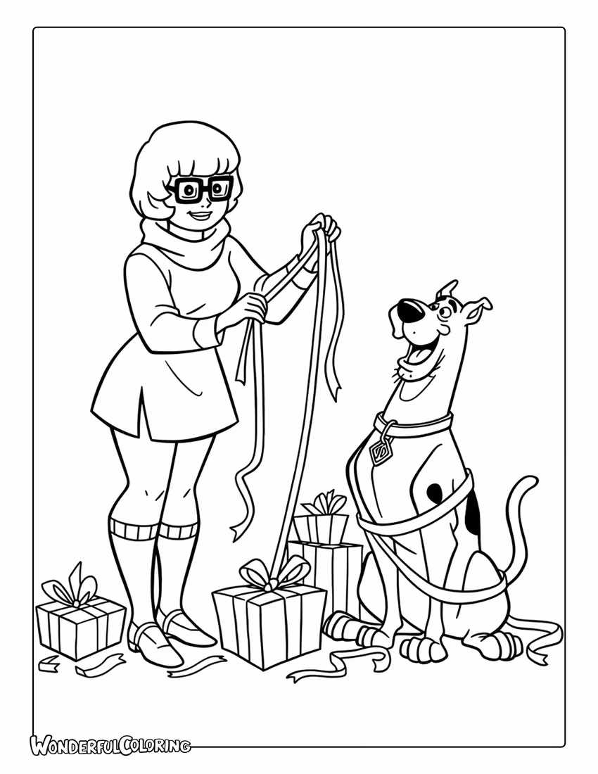 Scooby Doo Christmas coloring page of Velma wrapping gifts