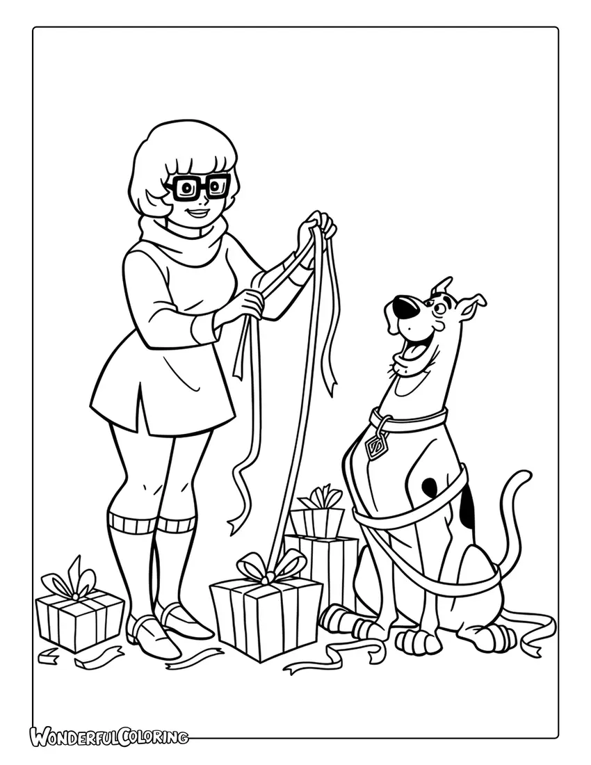 Scooby Doo Christmas coloring page of Velma wrapping gifts