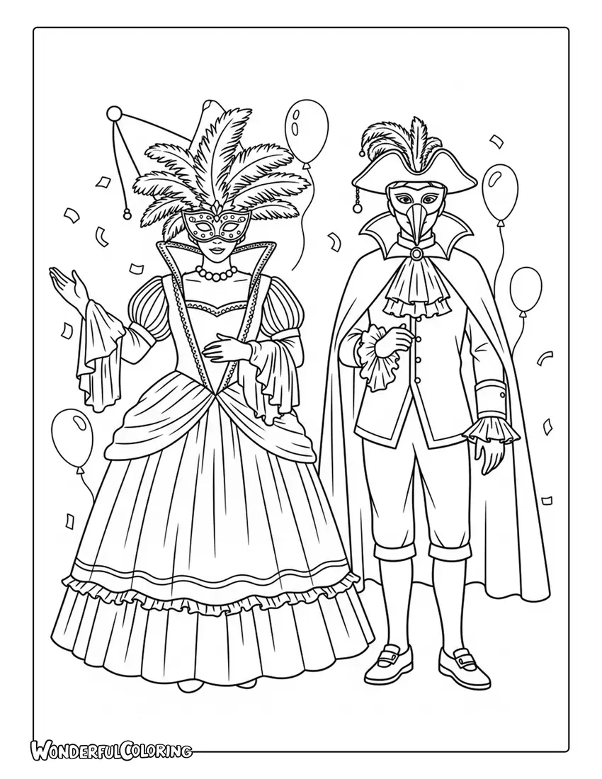 Venetian carnival costumes masks festival coloring page with elaborate dresses and celebration