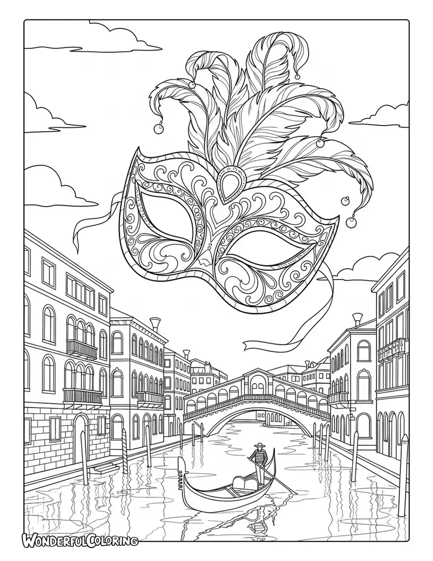 Venetian mask floating canal surreal coloring page with artistic dreamlike composition