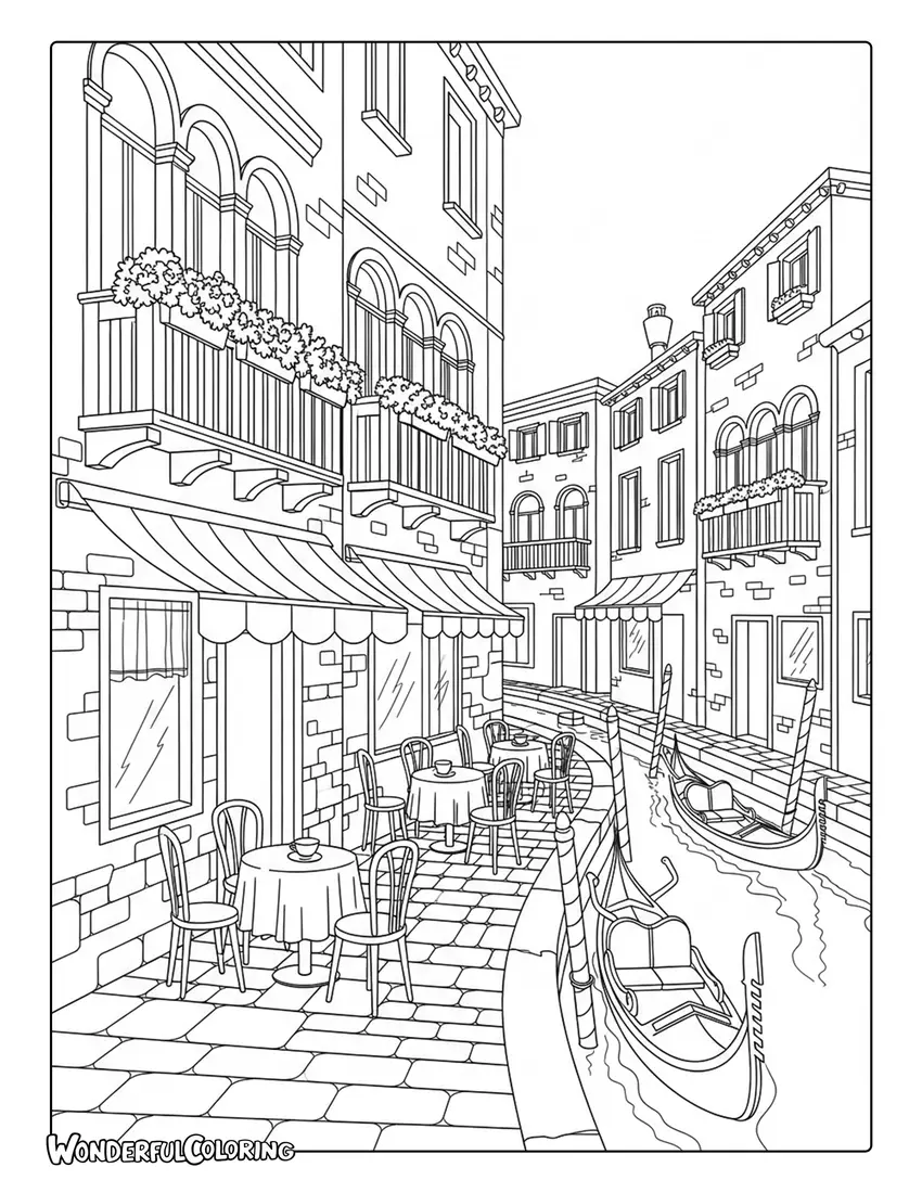 Venice canal cafe street flowers coloring page with tables by water and balconies