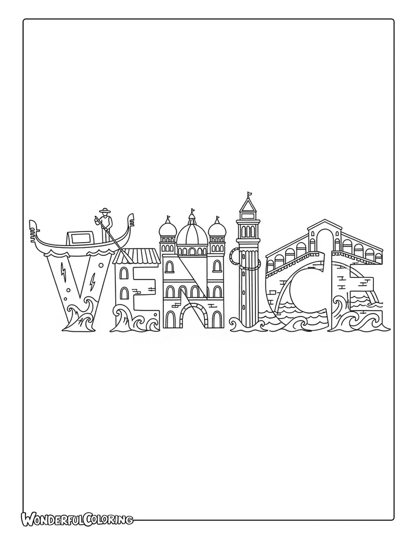 Venice cartoon letters gondolas waves coloring page with playful city themed design