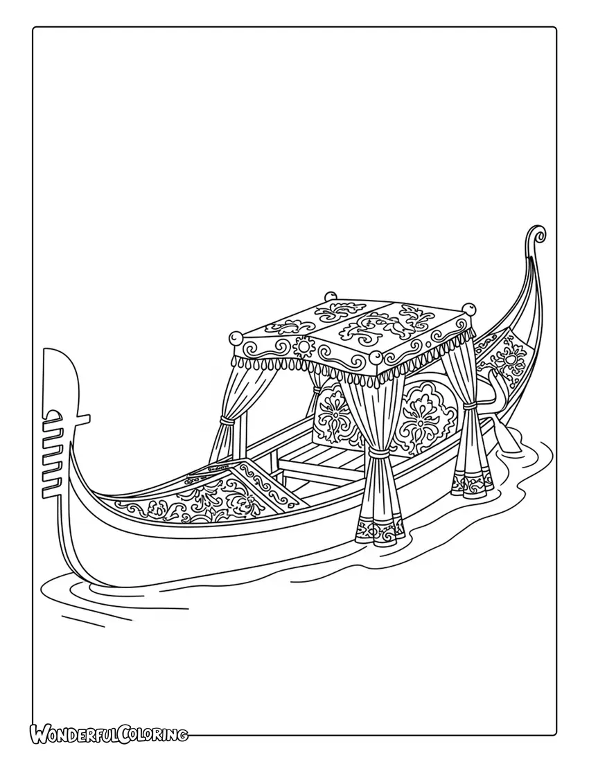 Venice gondola decorated luxury details coloring page with ornate fabrics and gold accents