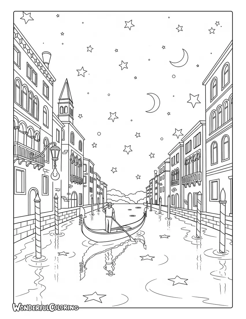 Venice gondola starry night fantasy coloring page with reflections of stars in water
