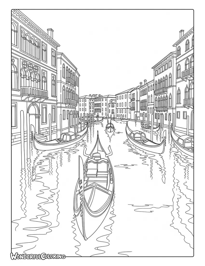 Venice Grand Canal gondolas palaces coloring page with reflections in water