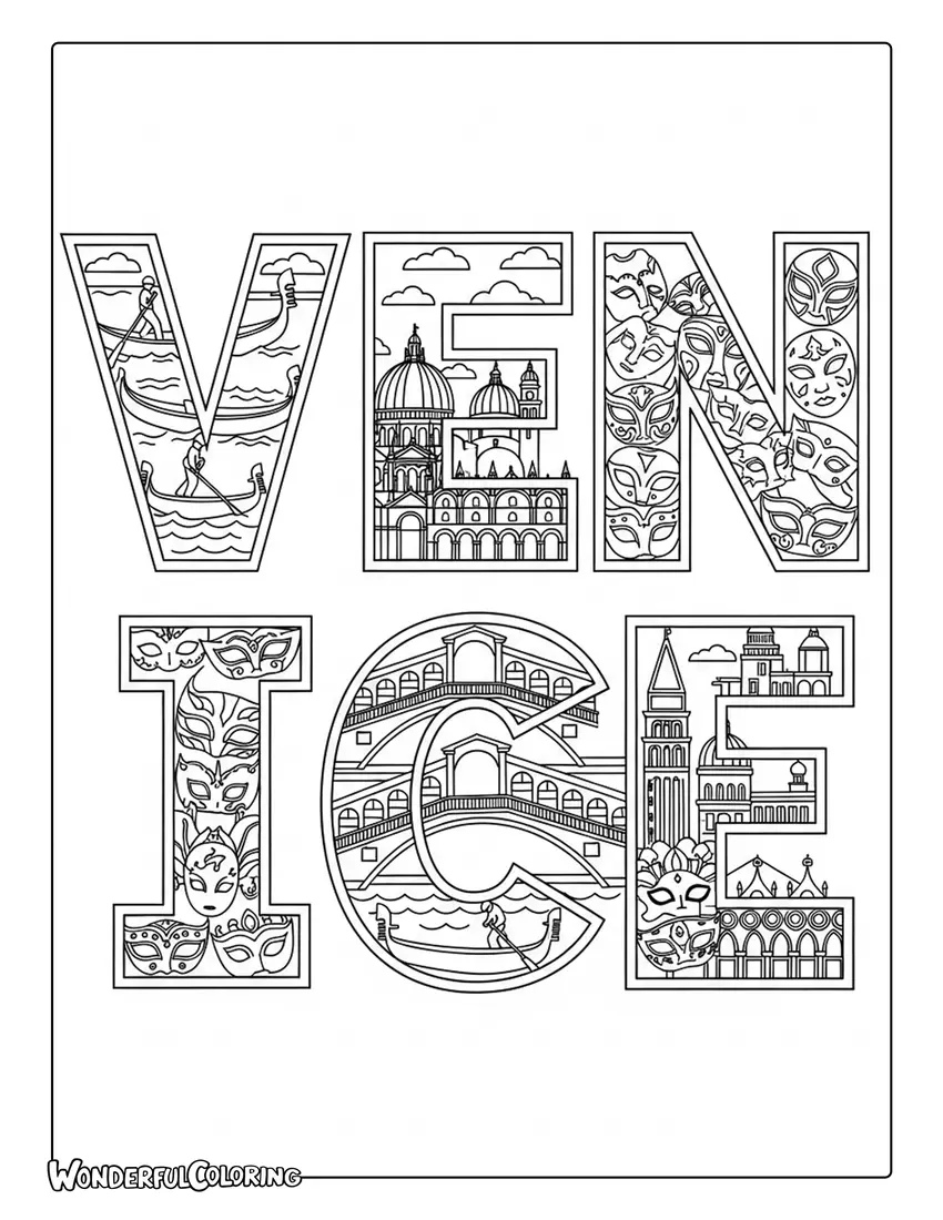 Venice lettering landmarks filled design coloring page with gondolas and basilica elements
