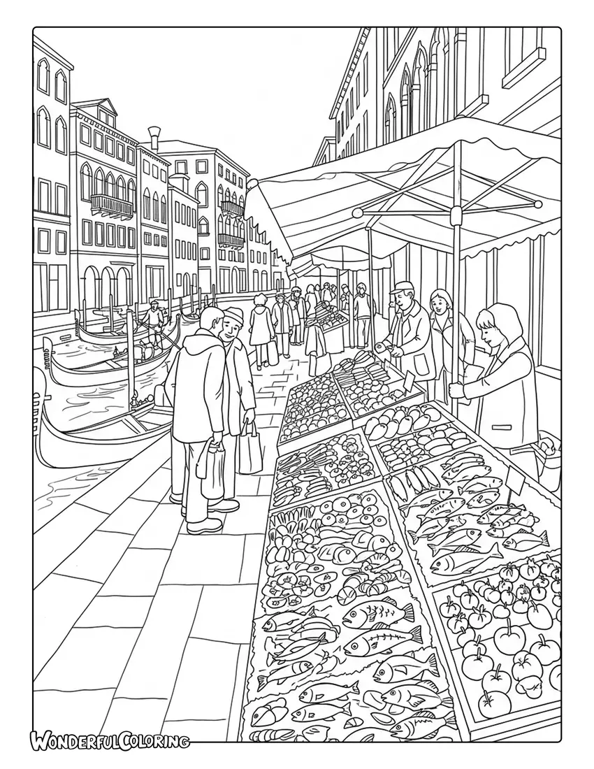 Venice market scene produce seafood coloring page with vendors and canal setting