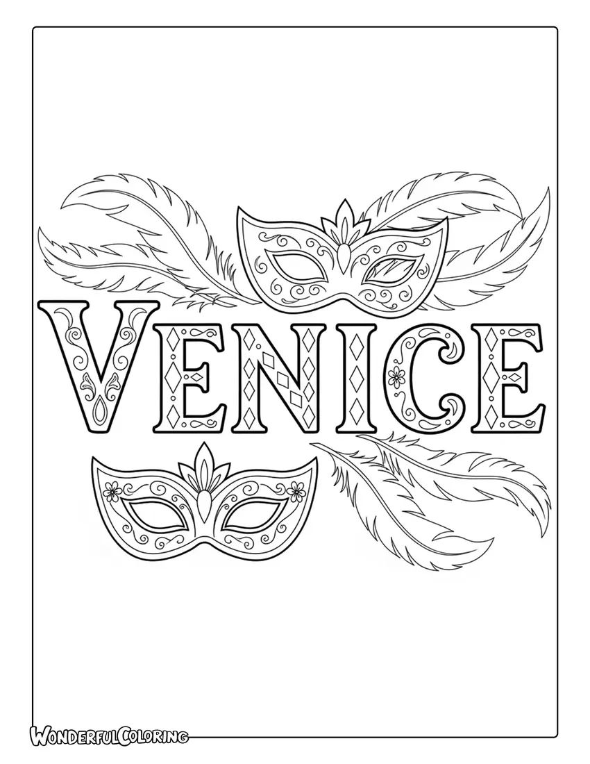 Venice mask inspired typography decorative coloring page with feathers and ornate patterns