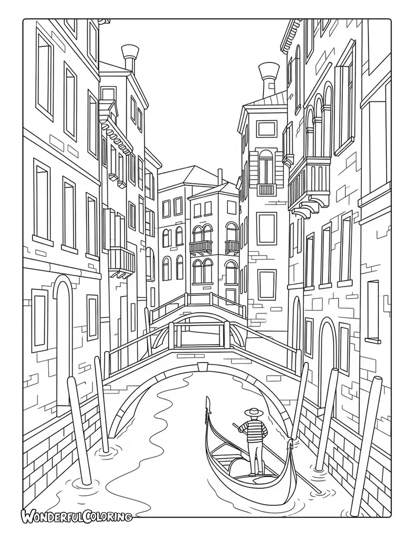 Venice narrow canal buildings coloring page with small bridges and reflections